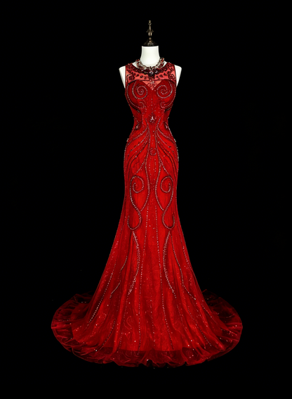 Robe de soirée sirène vintage en tulle rouge, style années 80, robe de bal longue N1759