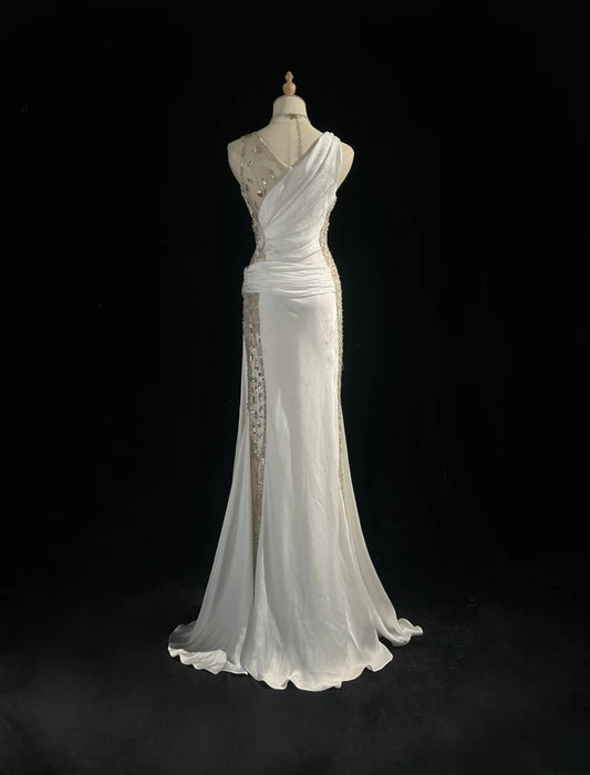 Modest Prom Dresses Mermaid V Neck White Satin Sleeveless With Ruffled Formal Evening Dress N3824