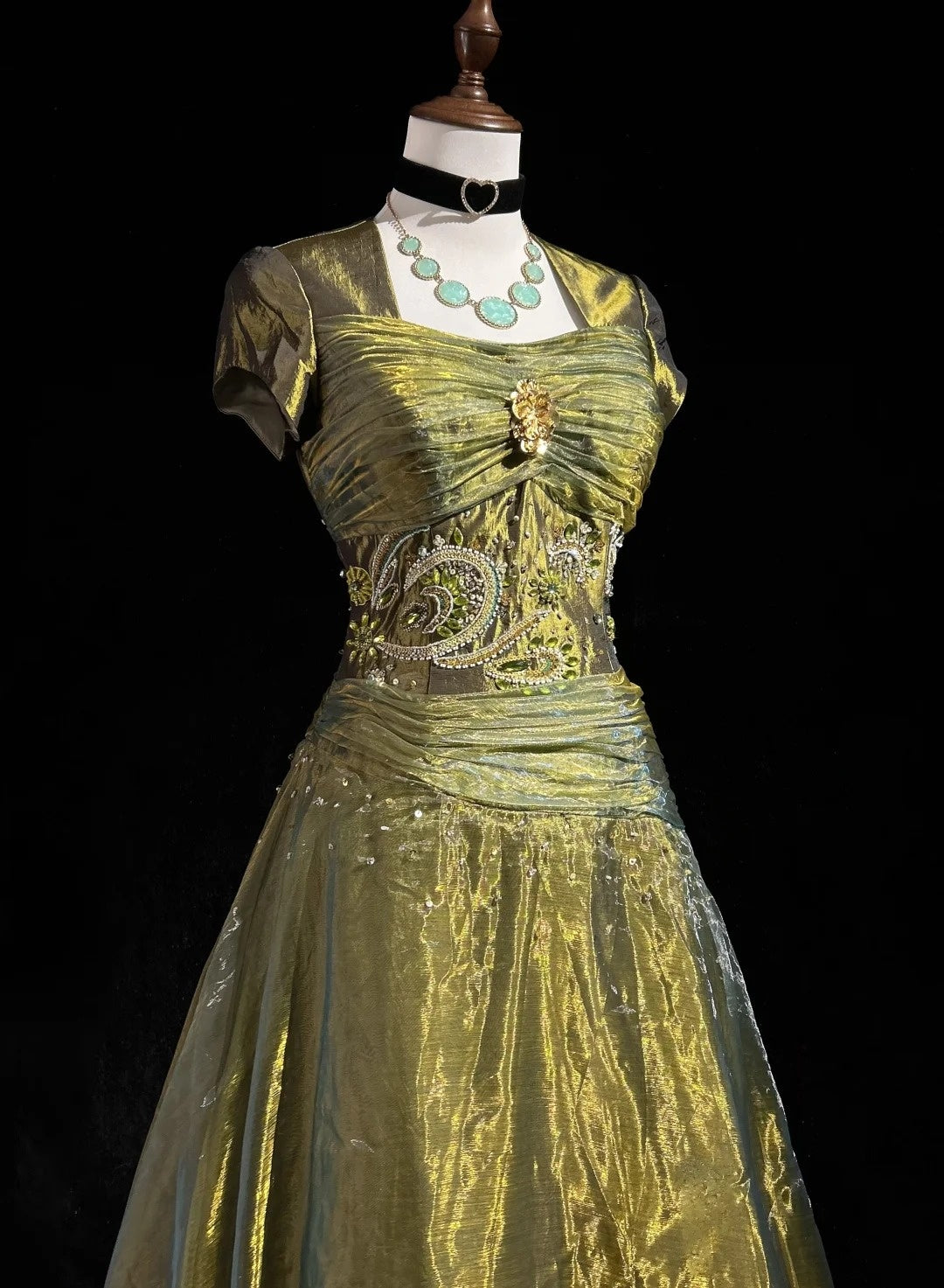 Vintage Abschlussballkleider Ballkleid Quadratischer Ausschnitt Olivgrün 80er Jahre Mit Perlen Lang Formelle Abendgarderobe N3873