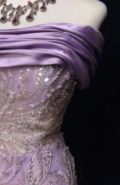 Vintage Ballkleider Inspo Meerjungfrau Trägerlos Lila Pailletten Mit Schlitz Perlen 80er Jahre Langes Abendkleid N2742
