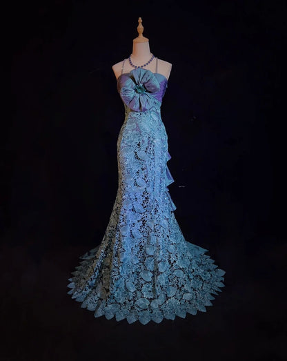 Robes de bal vintage sirène bretelles fines dentelle avec nœud années 90 longue robe de soirée N2893