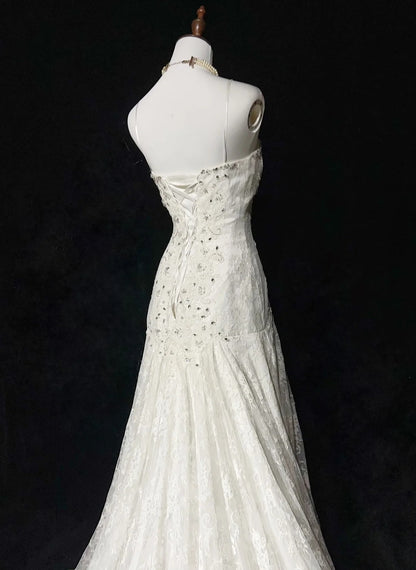 Robes de mariée uniques sirène, bretelles spaghetti, dentelle blanche, longue robe de mariée N3096