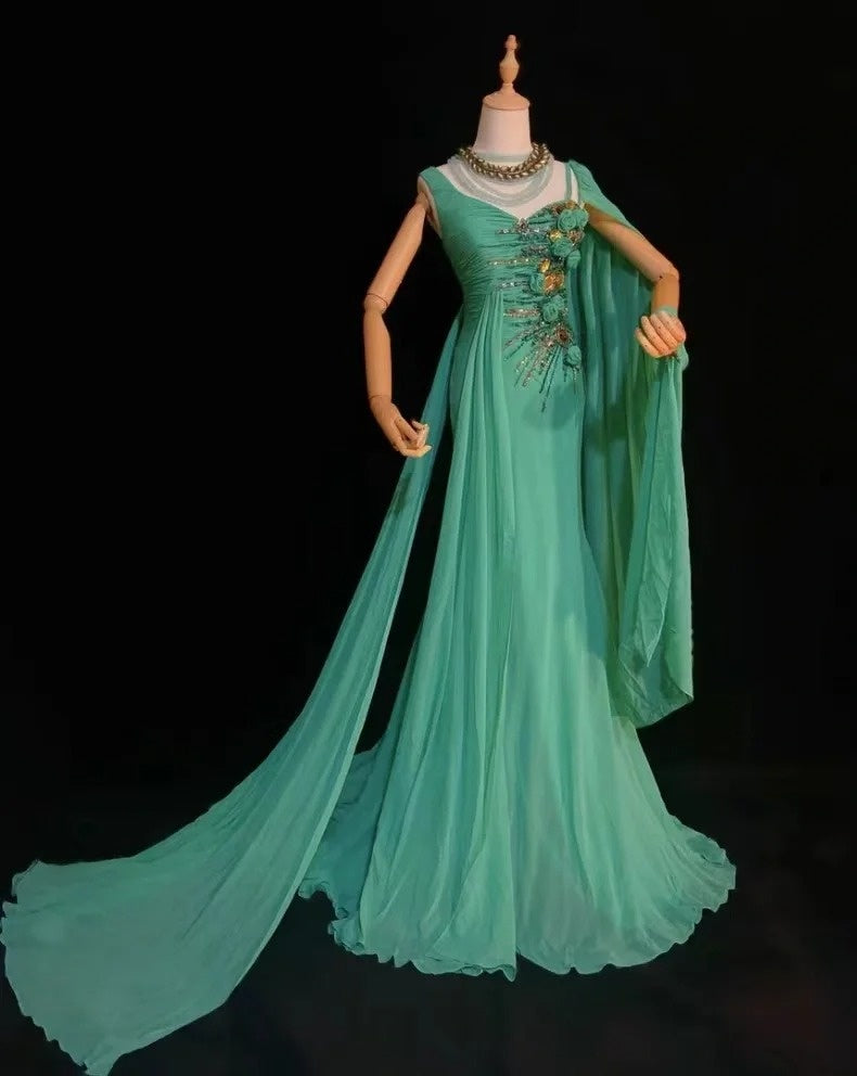 Robes de bal élégantes Inspo Sirène Mousseline Vert Avec Fleurs Perles Pour Femmes Robe de Soirée N3232