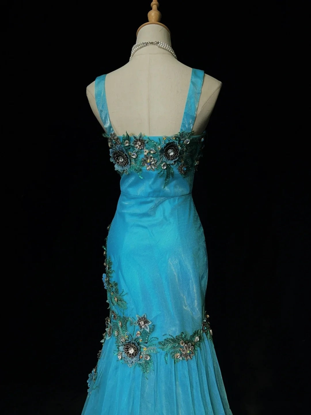 Vintage Ballkleider Inspo Meerjungfrau Träger Tüll Blau Lang 1990er Mit Spitze Applikationen Abendkleider N3360