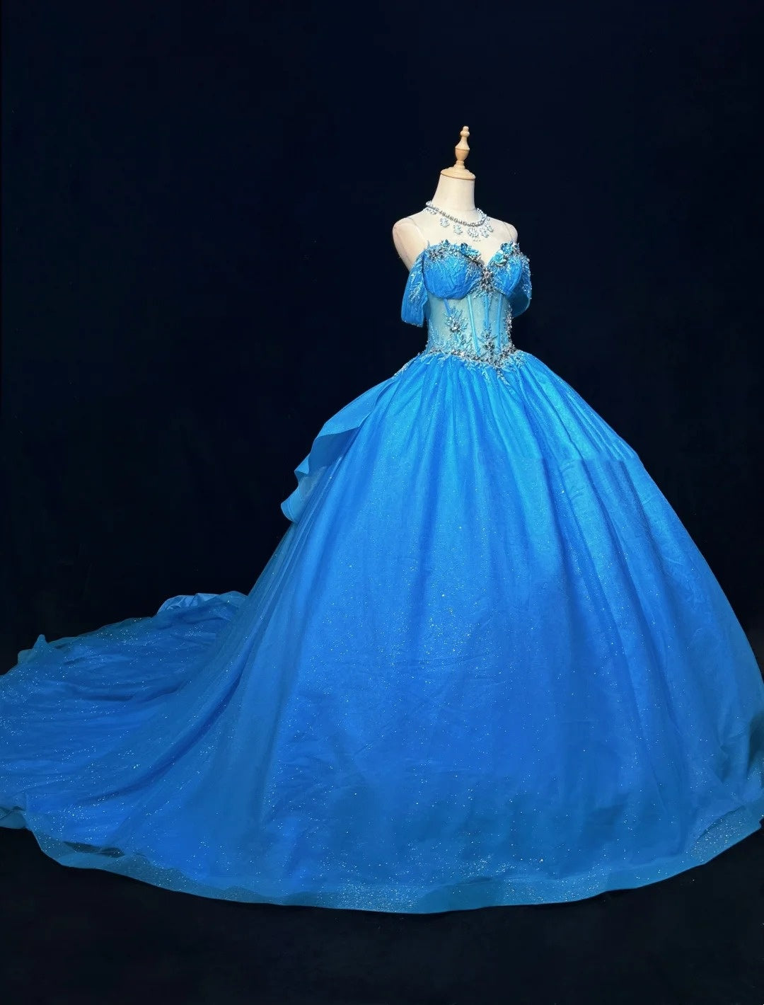 Princess Ball Gown Off The Shoulder Blue Tulle With Appliqued Lace Sweet 16 Dresses Quinceanera Dress RB3289