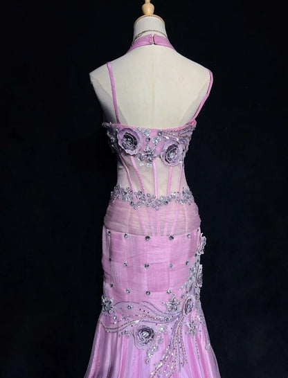 Robes de bal modestes sirène licou tulle lilas avec perles dentelle longue robe de soirée formelle N3882