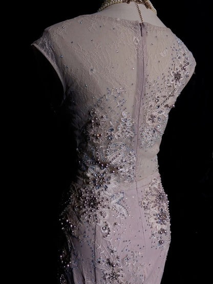 Robes de bal vintage des années 80 sirène col en V rose dentelle applique longues tenues de soirée formelles N3481