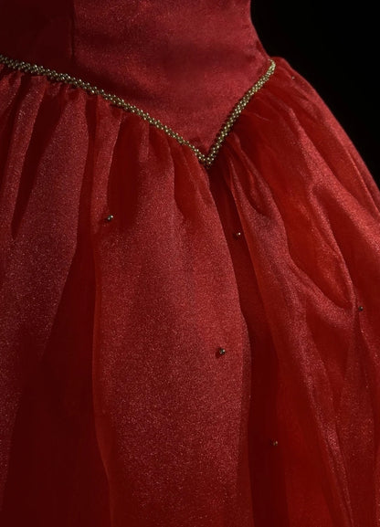 Vintage Prom Dresses Ball Gown Square Neck Red Organza Long 70s Beads Formal Gown N2606