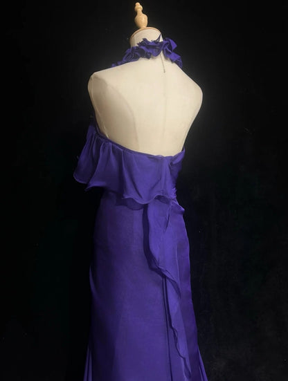Vintage Abschlussballkleider Meerjungfrau V-Ausschnitt Lila Chiffon mit Rüschen Langem Abschlussballkleid N3110 im Stil der 1960er Jahre