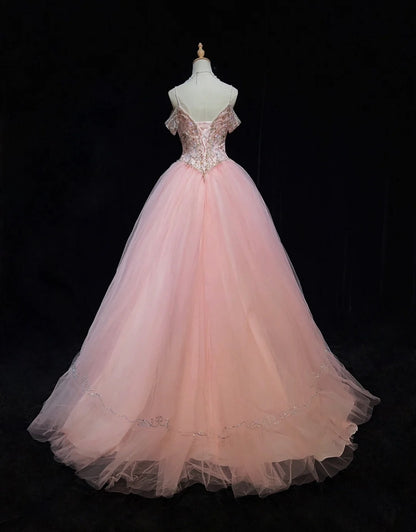 Prinzessinnen-Ballkleider Inspo Ballkleid Pink Tüll Lang mit Perlen Abendkleider N3392