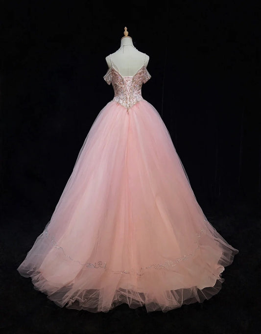 Princess Prom Dresses Inspo Ball Gown Pink Tulle Long With Beading Formal Gowns N3392