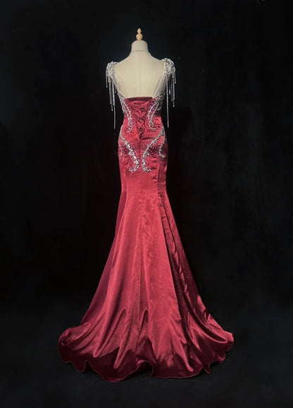 Vintage Prom Dresses 80s Mermaid Straps Burgundy Satin Long With Silver Beading Evening Formal Outfits RB5135