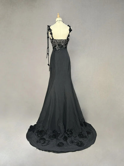 Robes de bal vintage, inspiration sirène, fines bretelles, noires, longues, années 1990, avec applications de perles, robes de soirée N3378