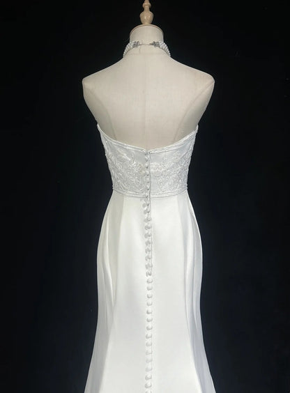 Vintage 90s Wedding Dresses Mermaid Strapless Satin White Beading Summer Garden Long Bridal Gown N3823