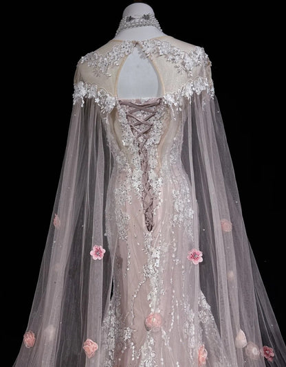 Vintage Abschlussballkleider Inspo Meerjungfrau Rundhals Rosa Spitze 1990er Mit Blumen Cape Abendkleider N3317