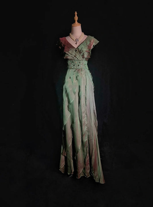 Classy Prom Dresses A line V Neck Green Tiered Layers Chiffon With Ruffle Long Formal Dress N2897