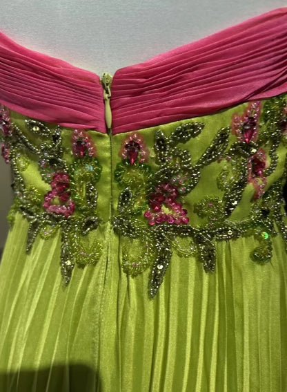 Robes de bal vintage Trapèze Bretelles fines Mousseline rose et verte avec perles Robe de soirée longue années 60 N2610