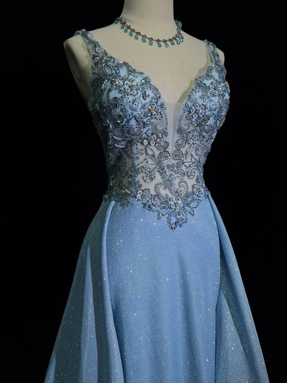 Elegante Abschlussballkleider Inspiration Meerjungfrauen-V-Ausschnitt-Träger Blau Pailletten mit Rüschen für Damen Formelles Kleid N3227