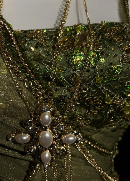 Robes de bal vintage sirène en mousseline vert olive avec perles Tenues de soirée formelles N3854