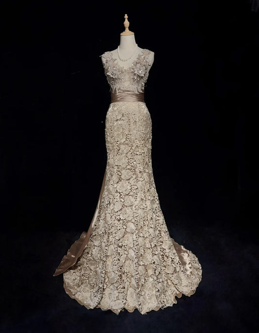 Vintage Prom Dresses 1980s Mermaid V Neck Pink Lace With Appliqued Beaded Long Prom Gown N3112