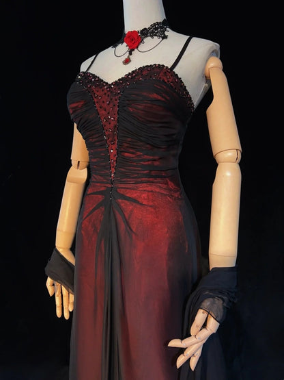 Wunderschöne Abschlussballkleider A-Linie Spaghettiträger Schwarz Rot mit Umhang Lange Formelle Abendgarderobe N3668