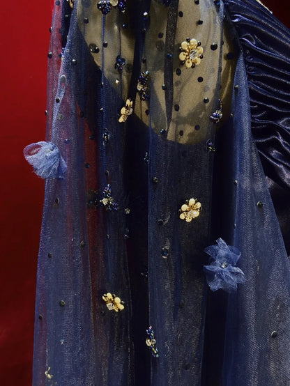 Robes de bal vintage, inspiration ligne A, empire, col en V, satin bleu marine années 90 avec manches, robes de soirée N3314