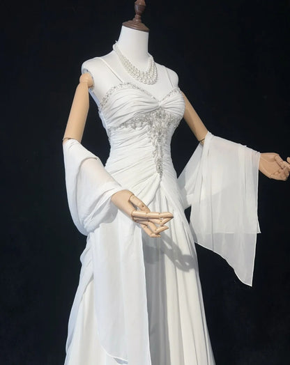 Robes de Mariée Intemporelles Sirène Bretelles Spaghetti Mousseline Blanche avec Écharpe Longue Robe de Mariée N3063