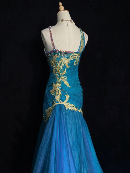Robes de bal modestes Sirène Bretelles Spaghetti Tulle bleu sans manches Tenues de soirée longues et formelles N3632