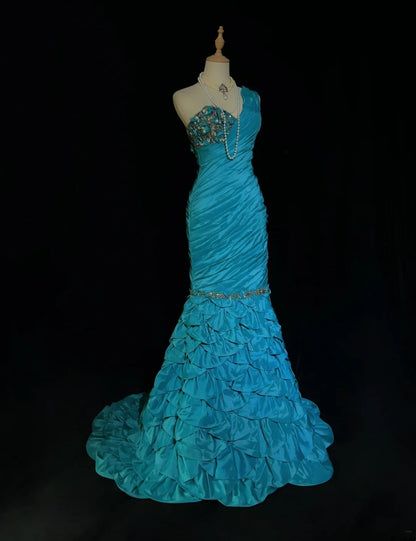 Vintage Ballkleider Meerjungfrau One-Shoulder Retro-Stil Blaues Taft Mit Perlenbesatz 90er Langes Abendkleid N2905