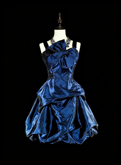 Jolie Robe Courte de Bal ou de Retour à la Maison en Taffetas Bleu Marine à Bretelles Fines, Modèle N2721