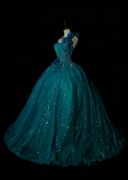 Vintage Ball Gown One Shoulder Blue Tulle Sweet 16 Dresses Quinceanera Dress Long 15 Vestidos De Fiesta N1481