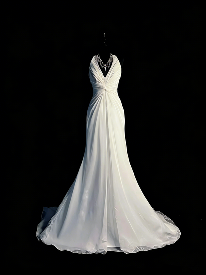 Robe de bal longue en mousseline blanche à col en V, style sirène, pour adolescentes (N1184)