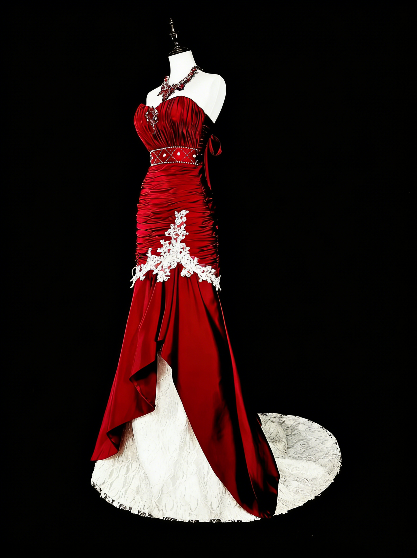 Robes de bal vintage sirène bustier en satin bordeaux avec dentelle blanche longue robe de soirée N2377