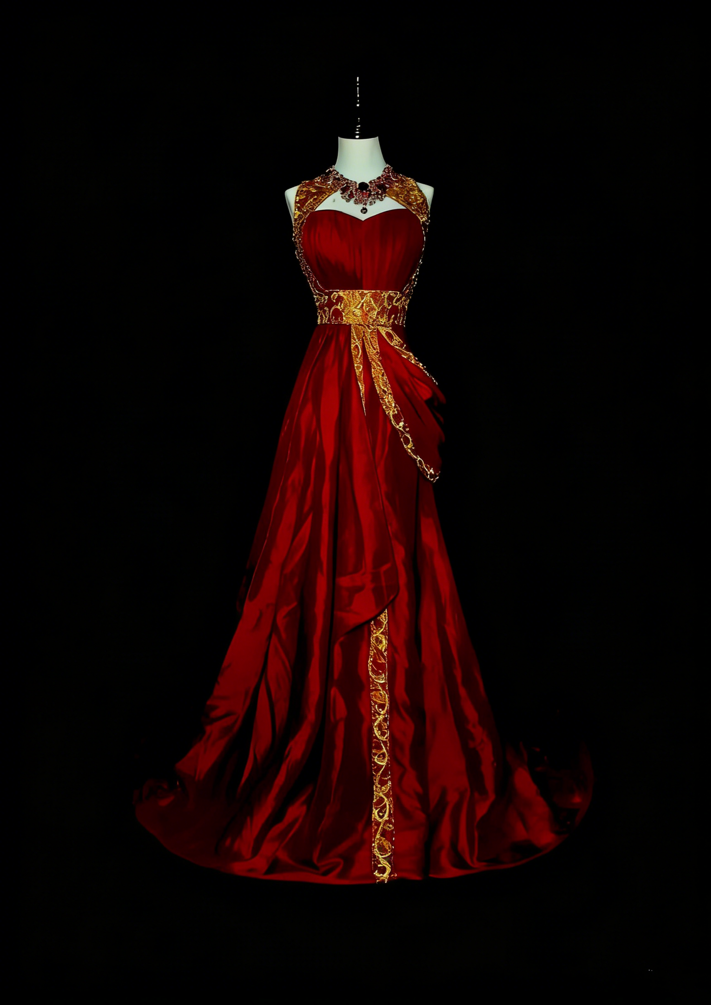 Elegantes, ärmelloses, bordeauxrotes A-Linien-Abendkleid mit goldenen Applikationen und goldenen Applikationen, langes Abendkleid für die Oberstufe (N1369)