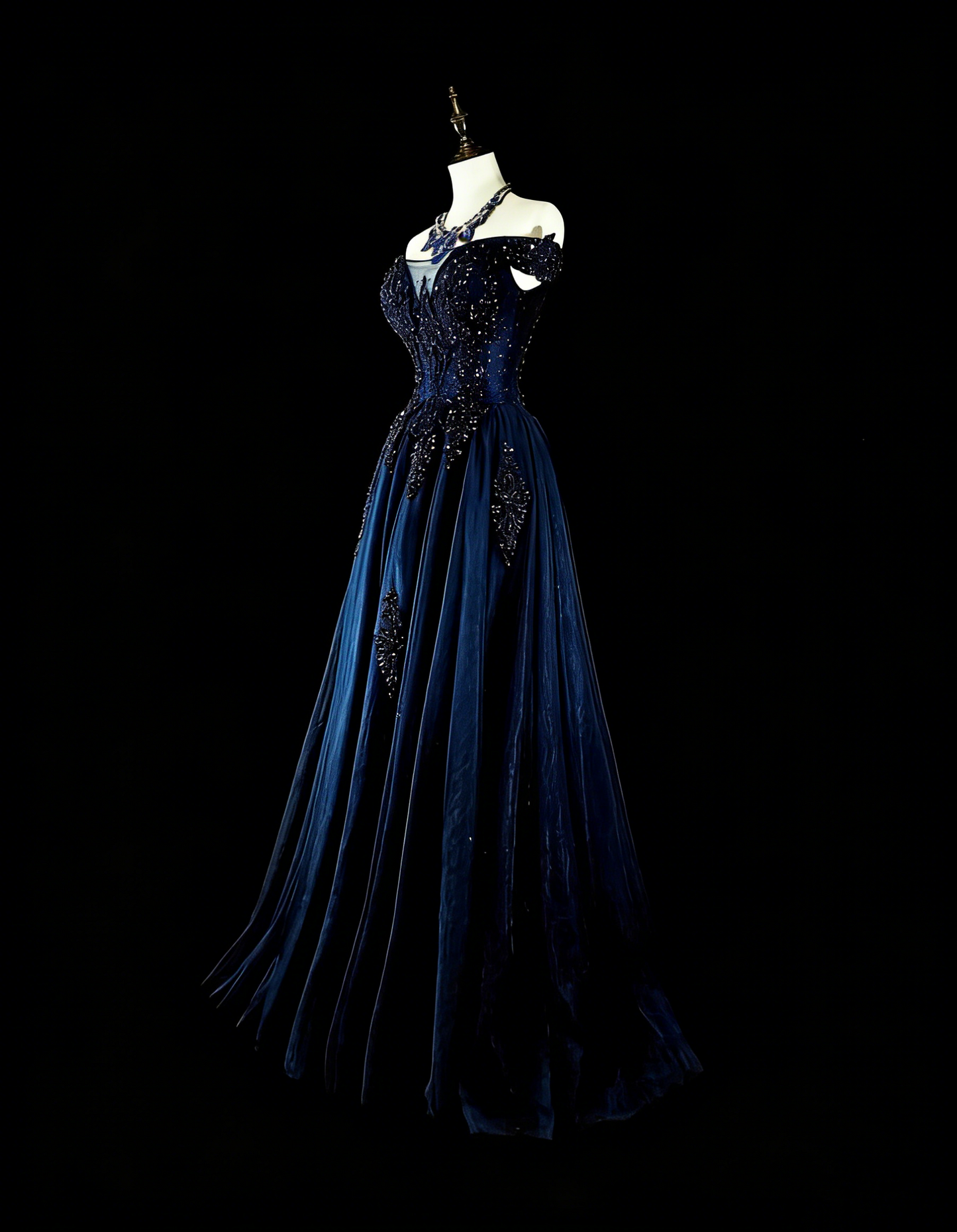 Robe de soirée vintage années 90, coupe trapèze, épaules dénudées, en tulle bleu marine, idéale pour un anniversaire ou un bal de promo (N1752).