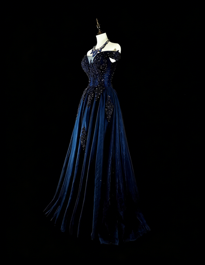 Robe de soirée vintage années 90, coupe trapèze, épaules dénudées, en tulle bleu marine, idéale pour un anniversaire ou un bal de promo (N1752).