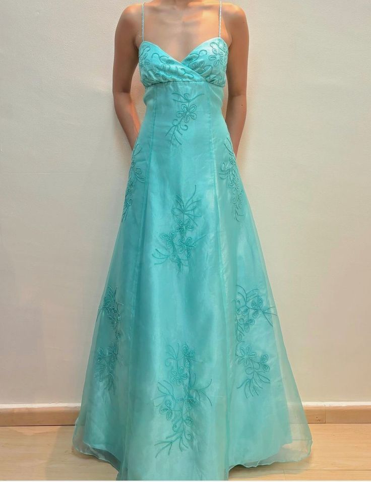 Robe de soirée vintage années 2000 à fines bretelles bleue, longue robe de bal N2673