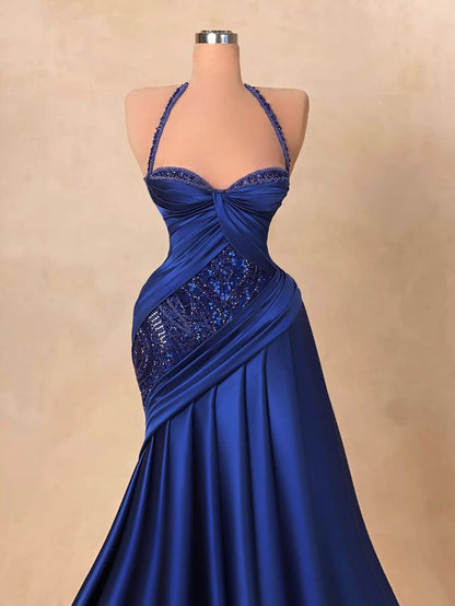 Robe de soirée sirène sexy en satin bleu roi à dos nu pour femmes AB2549