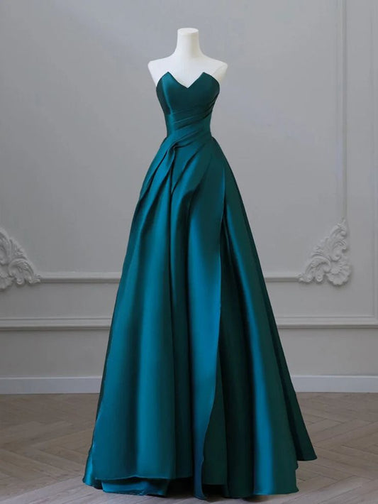 A-Linien-Abendkleid aus grünem Satin mit Herzausschnitt, langes formelles Abendkleid aus grünem Satin AB199