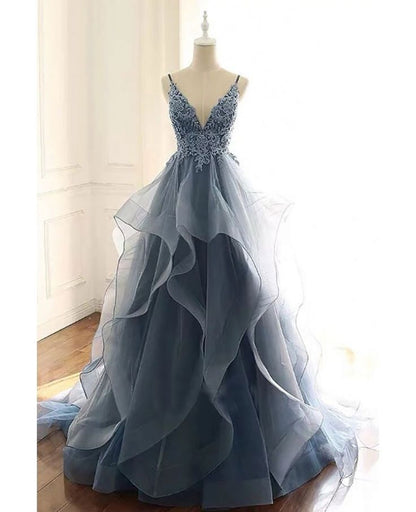 Magnifique robe de bal bleue à col en V, dentelle à sequins et volants, bretelles N1783