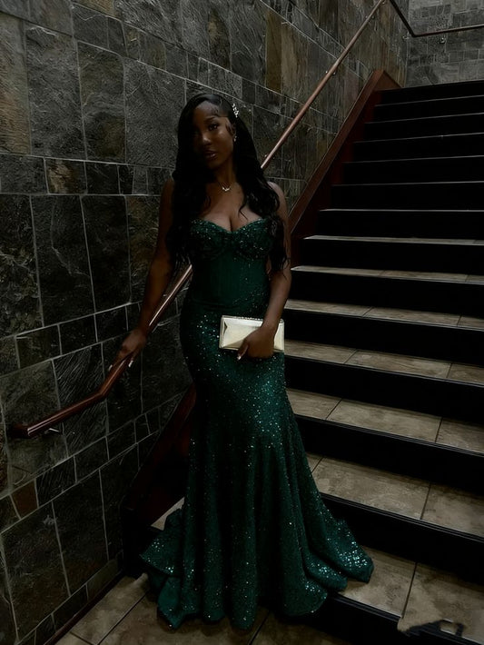 Modest Sweetheart Mermaid Gold Sequin Long Prom Dresses Formal Party Gown For Women AB1528