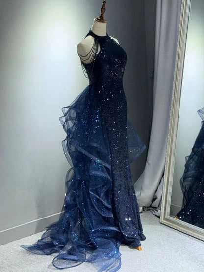 Navy Blue Sequins Long Prom Formal Dress Mermaid Evening Party Dresses AB680