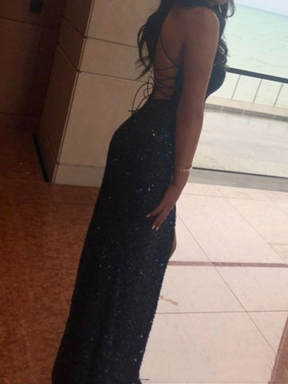 Elegantes, langes Meerjungfrauen-Abendkleid in Marineblau mit Pailletten und Spaghettiträgern AB697