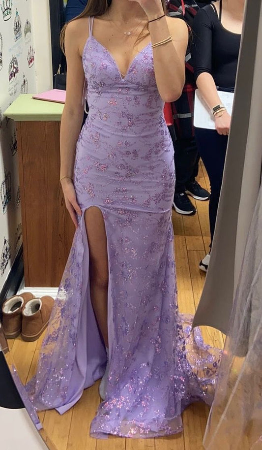 Glitzerndes Meerjungfrauen-Abendkleid mit Spaghettiträgern, lila, rückenfrei, langes Ballkleid, formelles Partykleid, Abendkleid AB1240