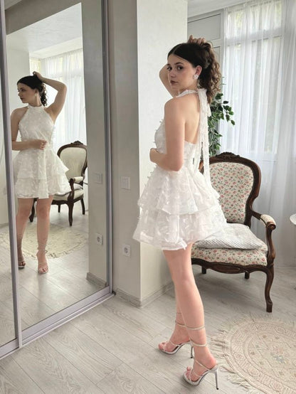 Elegantes Ballkleid Neckholder Weiß Spitze Mini Abschlussball Inspiration Kurze Party Formelle Heimkehrkleider RB3005