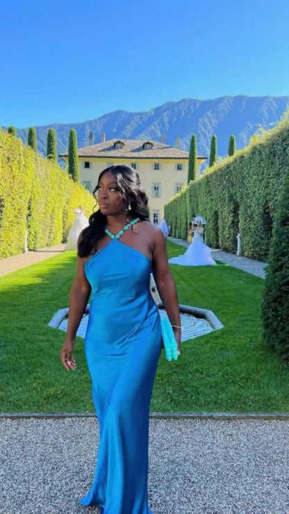 Elegante hochgeschlossene blaue Satin-Meerjungfrauen-Abendkleider für Damen N4182
