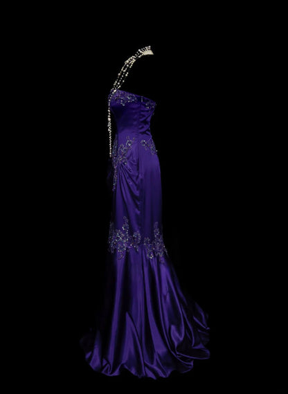 Vintage Strapless Purple Satin Prom Dress Applique Formal Party Dress AB320