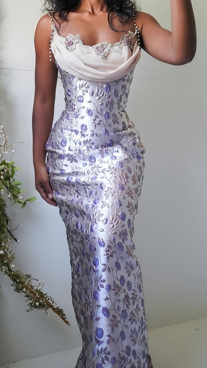 Purple Floral Sheath Beaded Prom Dresses Appliques Party Dress For Women AB1460