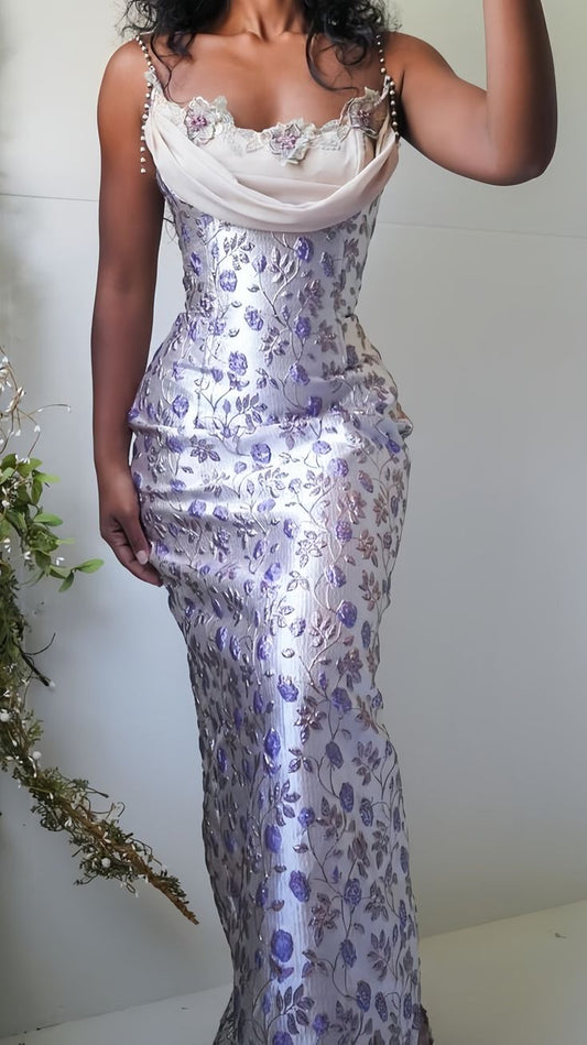 Purple Floral Sheath Beaded Prom Dresses Appliques Party Dress For Women AB1460