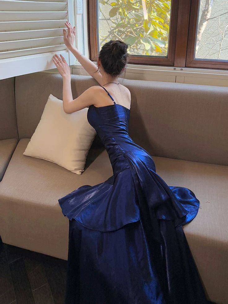 Marineblaues Meerjungfrauen-Abendkleid mit herzförmigem Ausschnitt und Trägern, marineblaues Ballkleid mit herzförmigem Ausschnitt für Damen AB1459